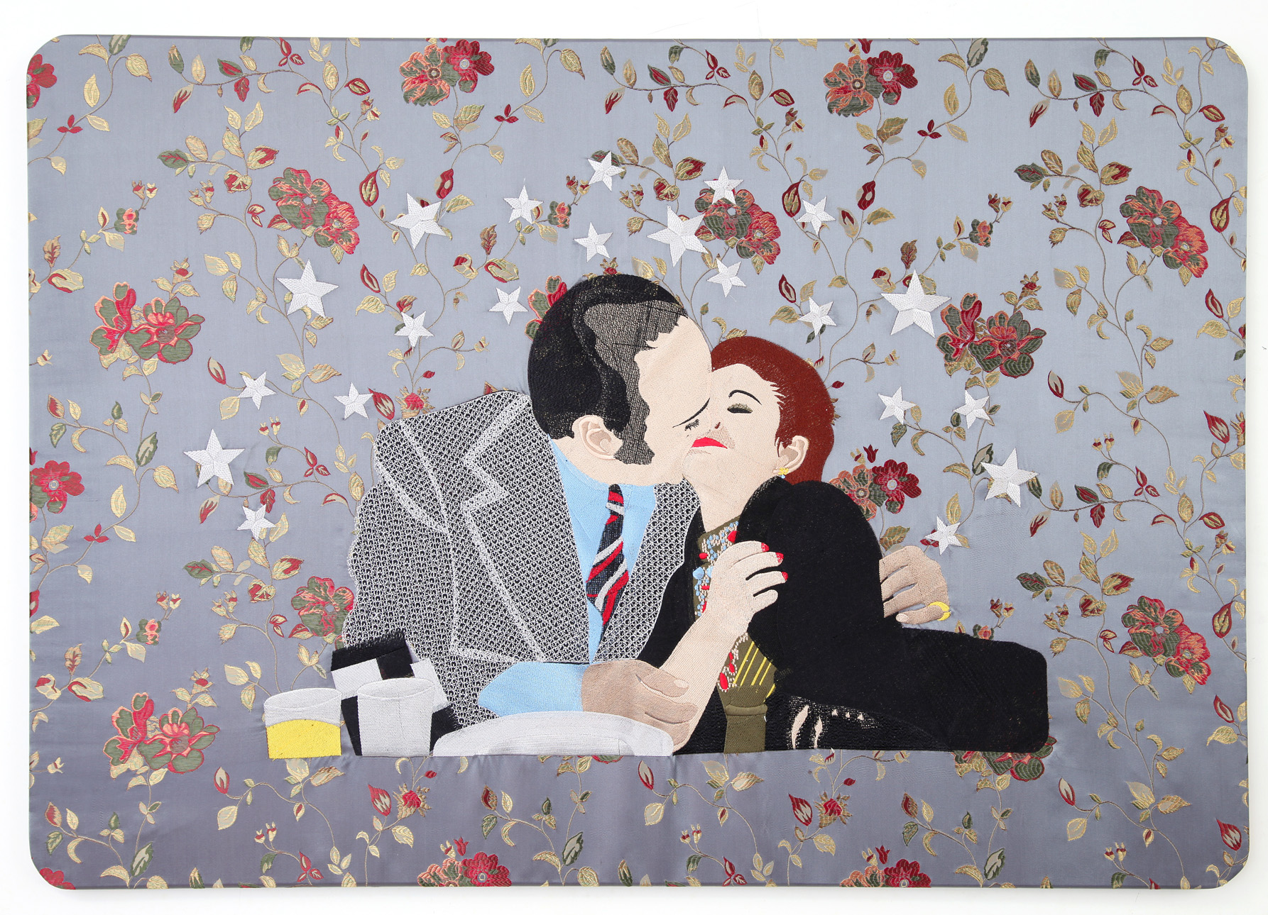 RYDSK14A10_RaedYassin_Kissing_DancingSmokingKissingSeries_2013_SilkThreadEmbroideryOnEmbroideredSilkCloth_70x100cm_KalfayanGalleries