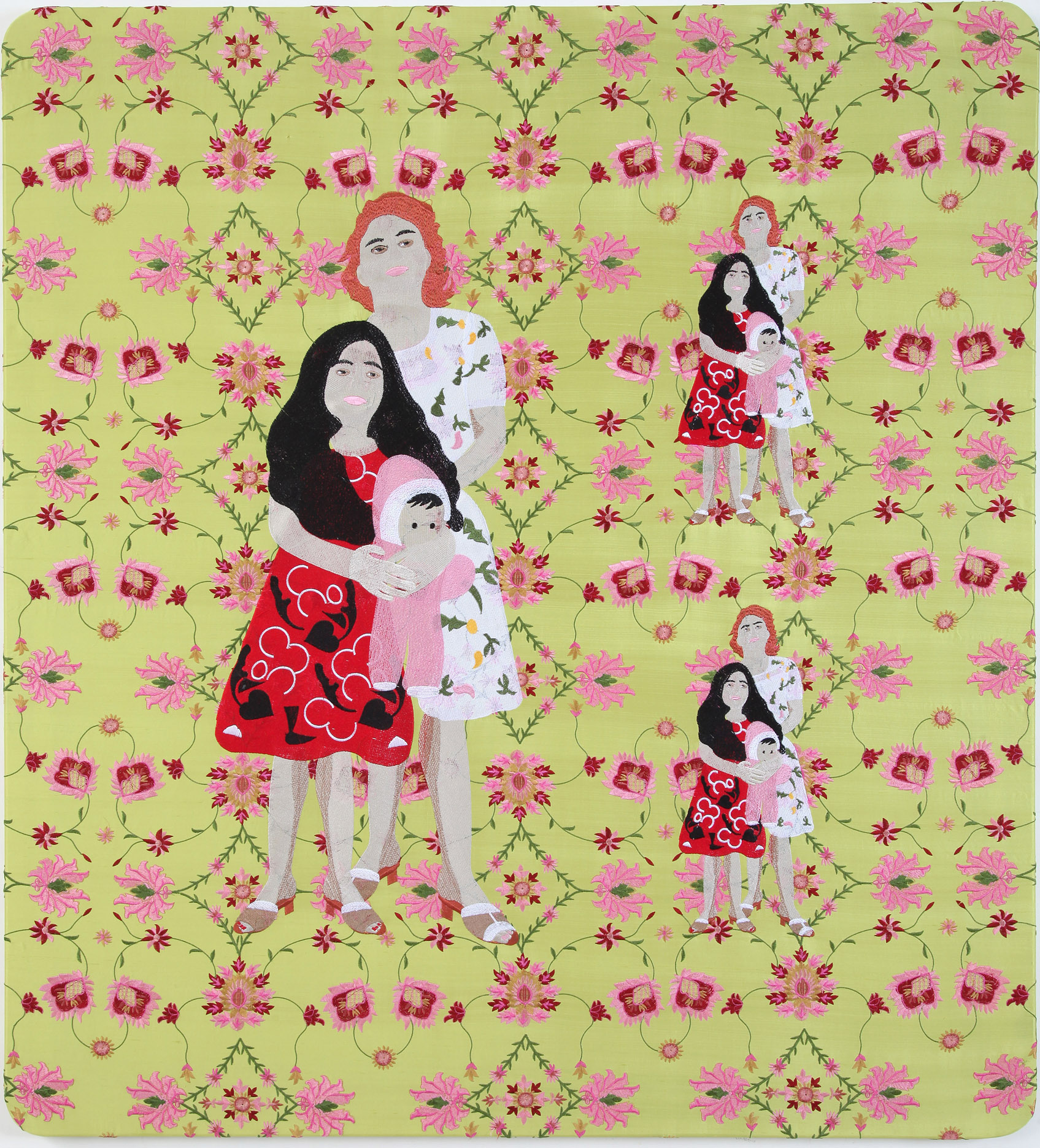 RYDSK14A12_RaedYassin_MamaMiraAndTheDoll_DancingSmokingKissingSeries_2013_SilkThreadEmbroideryOnEmbroideredSilkCloth_105x95cm_KalfayanGalleries