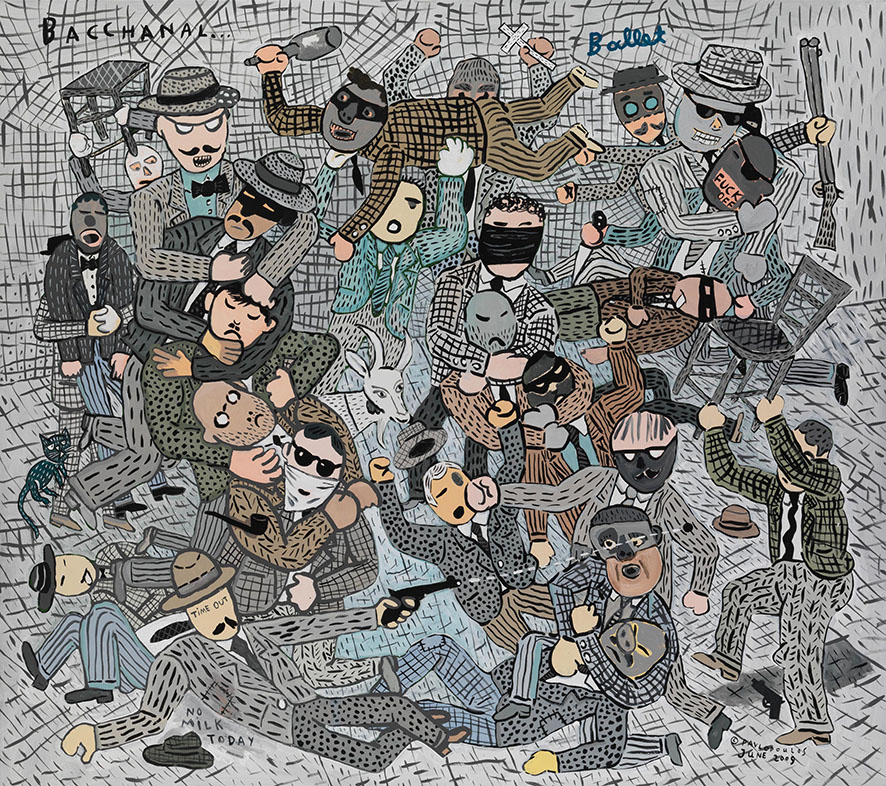 TP10A#76_TassosPavlopoulos_Bacchanal_2009_AcrylicOnCanvas_160x180cm_KalfayanGalleries