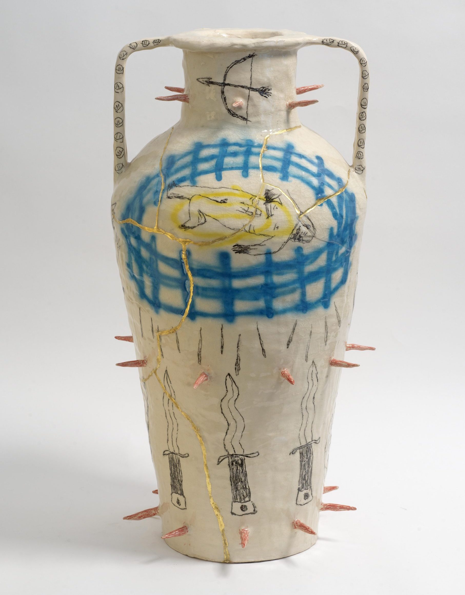 DN26A_14_DimitrisNeveskiotis_NoGodNoGhostsJustFleshHandsLegsThatsCalledFinalBoss2026_handpaintedclay_underglaze_glaze_epoxyputty_gildingadhesive_goldleaf_65x35cm_KalfayanGalleries
