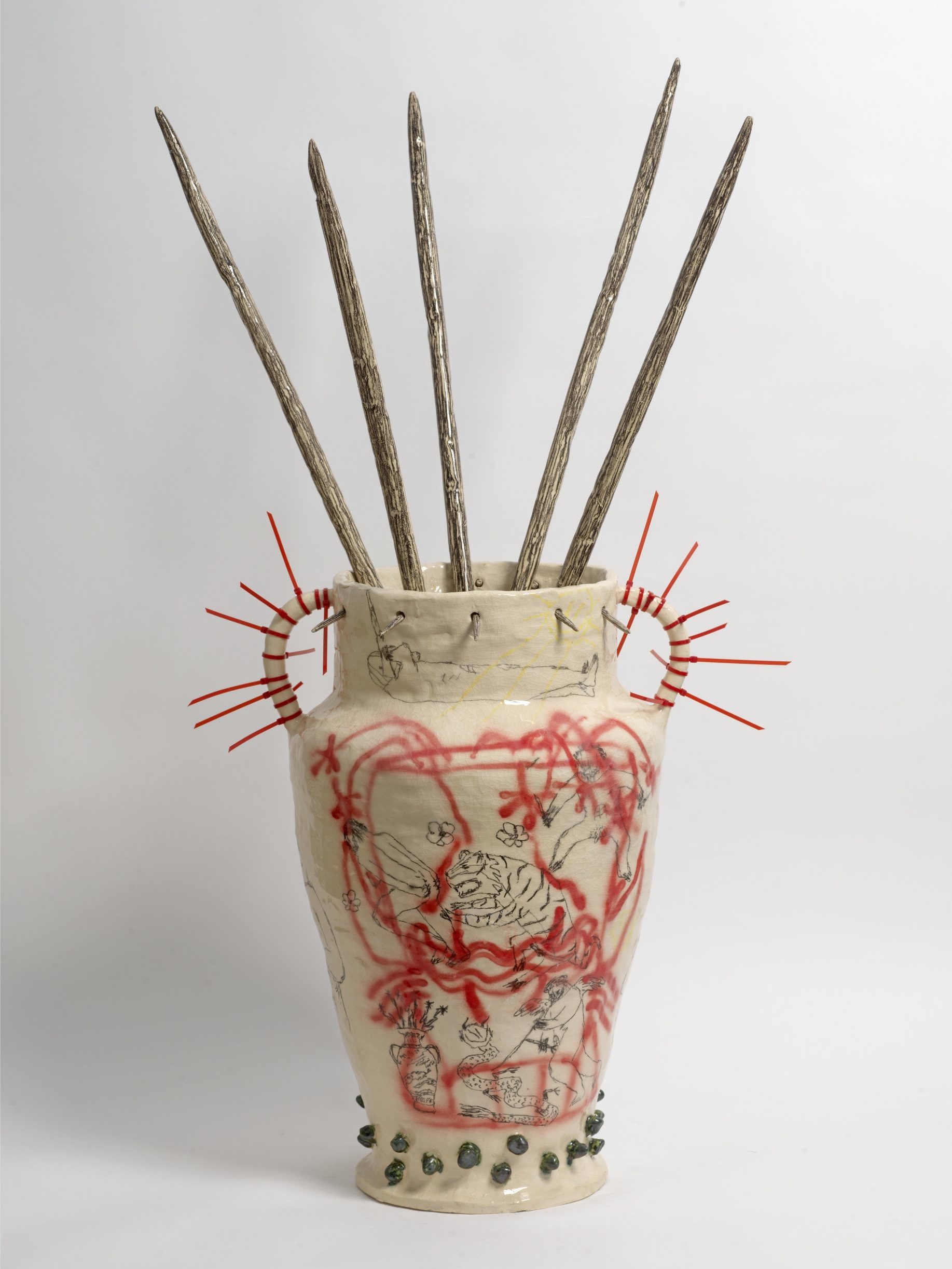DN26A_16_DimitrisNeveskiotis_APlaceBeyondUtopiaDontGoGentleOnThemNoNeedToComeBack2026_handpaintedclay_underglaze_glaze_tiewraps_102x50cm__KalfayanGalleries